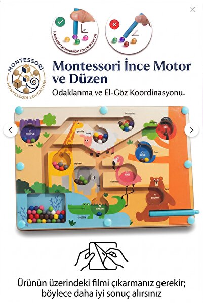 BBSKY Montessori Manyetik Ahşap Hayvanlar Labirenti 3+ Yaş Eğitici Renk Eşleş...