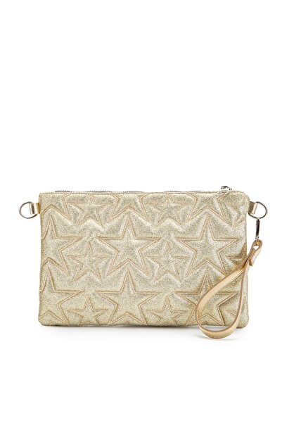 Zincir Detaylı Yıldızlı Kadın Portföy El ve Omuz Çantası Simli Altın