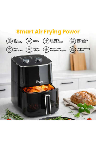 Royal Appliances مقلاة هوائية يدوية، درجة حرارة 80-200 درجة مئوية، مع نوافذ مرئية، دوران سريع للهواء الساخن 4.7