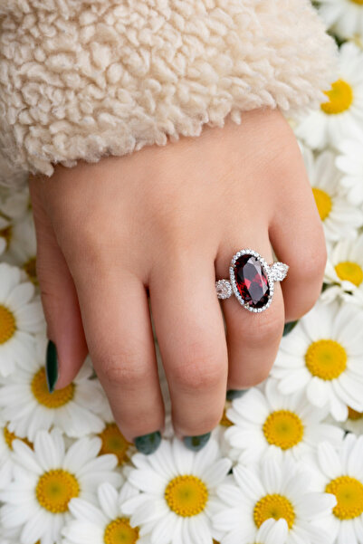Silveranka 925 Ayar Gümüş Garnet Oval Taşlı Yüzük