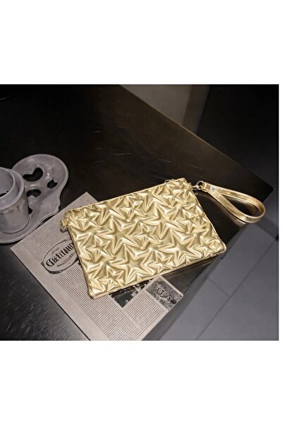 Zincir Detaylı Yıldızlı Kadın Portföy El ve Omuz Çantası Altın