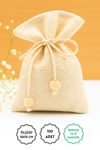 Bimotif 100 adet Natürel Kese, Büküm Ipli Boncuklu 10x15 Cm (Bağcıklı Saklama...
