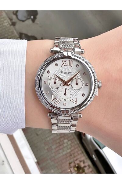 Ferrucci حافظة نسائية من الفولاذ باللون الفضي - قرص دائري، مقاوم للماء، تصميم...