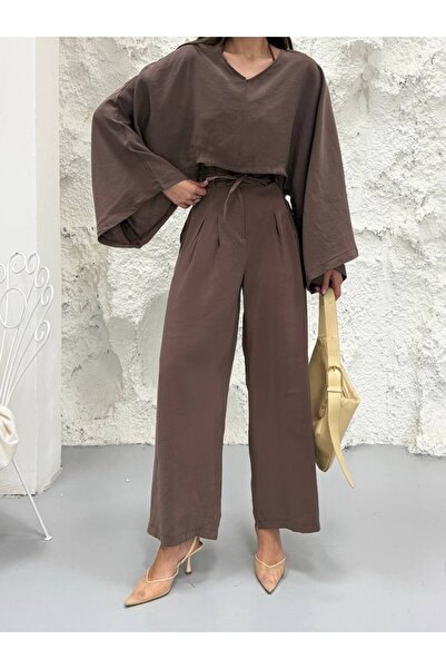 My Blog Καφέ Σετ Μπλούζα με Λαιμόκοψη V και Μανίκια Νυχτερίδα και Παντελόνι -...