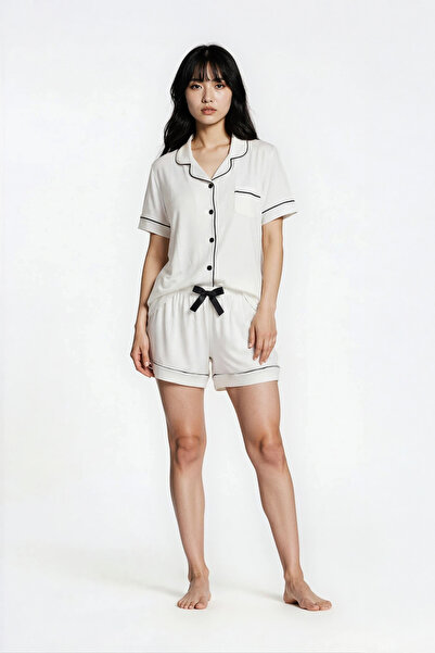 Ecrou Women's Ecru Plain Viscose Peter Pan collar Short Sleeve Shorts Pajama Set