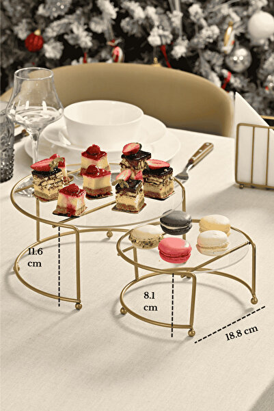 Edora Home 2'li Mat Gold Küçük Boy Metal Sunumluk İkramlık Servis Tabağı Şeff...