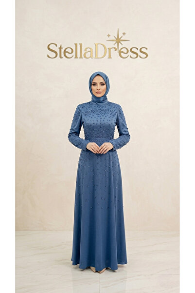 StellaDress Boncuk İşlemeli Abiye Mavi