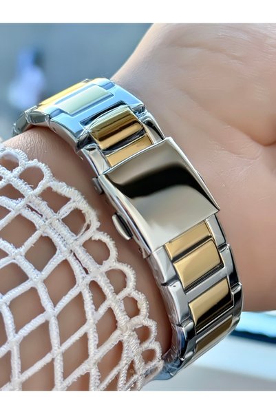 Ferrucci Kadın Gold Gümüş Kare Kasa Romen Rakamlı Kol Saati - Şık Dekor, Iki Renkli Bilezik Kordon