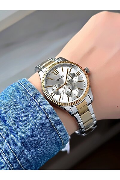 Ferrucci ساعة كوارتز كلاسيكية أنيقة للسيدات بقرص ذهبي دائري - إطار شبكي بأرقا...