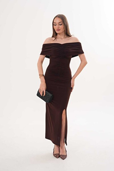 MILANOFOX Rochie de seară maxi Sandy, cu guler Madonna și șliț, pentru femei
