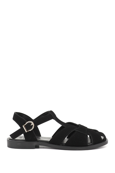 GÖNDERİ(R) حذاء نسائي أسود جلد سويدي بإبزيم بشريطين ومقدمة مغلقة صندل