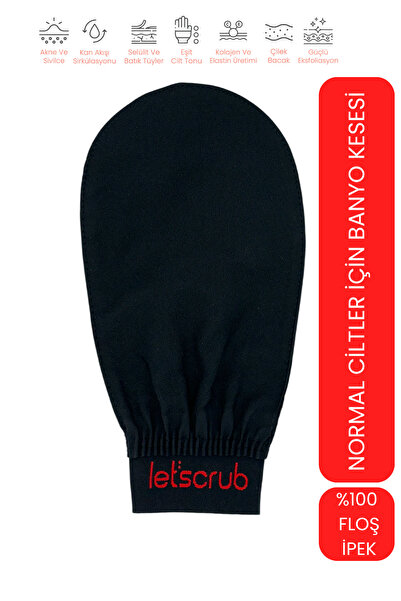 LET'SCRUB 1 Adet Siyah Banyo Duş Kesesi Peeling Eldiveni %100 Floş Ipek Norma...