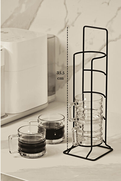 Edora Home Mat Siyah Tezgah Üstü 4'lü Cam Kupa Ve Stand Seti / Kahve / Çay /S...