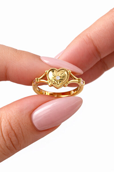 Leo'Stone Kalp Motifli Altın Kaplama Ayarlanabilir Çelik Kadın Yüzük – Zirkon...