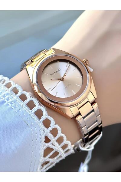 Ferrucci ساعة يد نسائية بسوار معدني باللون الأحمر الداكن والذهبي