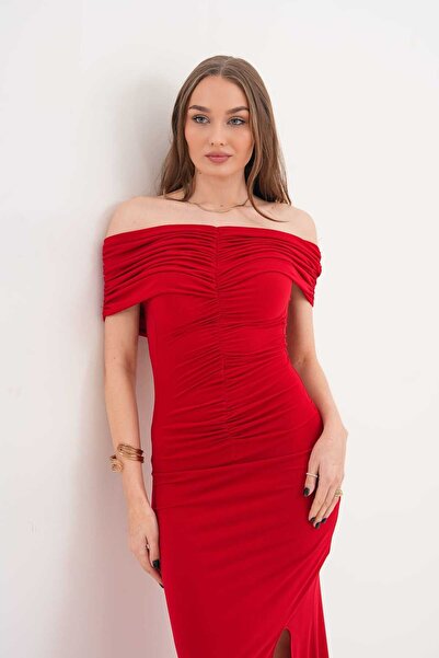MILANOFOX Rochie de seară maxi, roșie, cu guler tip Madonna, cu șliț și detal...