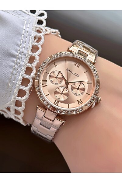 Ferrucci ساعة نسائية ذهبية بإطار مرصّع بالأحجار أرقام رومانية ومينا رخامي - ح...