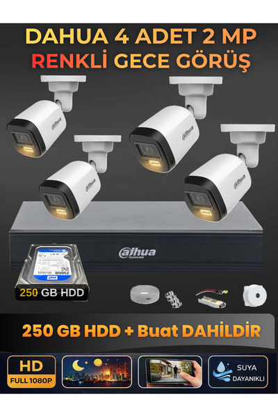 DAHUA 4 Kameralı 2MP Gece Renkli Güvenlik Kamerası Seti, 250 GB HDD, FullHD İ...