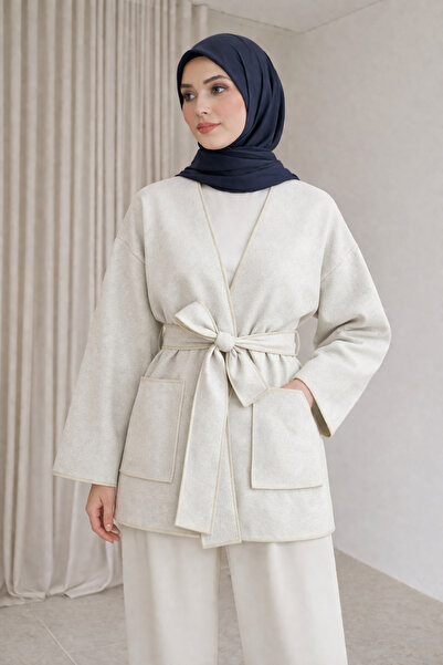bellura Biye Detaylı Çift Cepli Kuşaklı Kimono