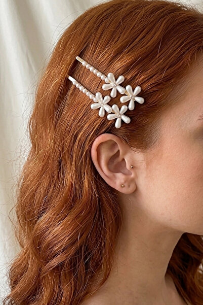 PETEK AKSESUAR 2 ADET İNCİLİ ÇİÇEK TEL TOKA