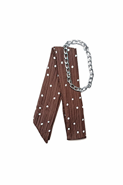 maia Brown and White Polka Dot Patterned Scarf Necklace - Silver Color Chain