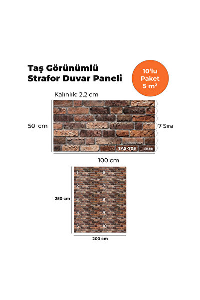 KnB Duvar Panelleri TAS-705 TAŞ GÖRÜNÜMLÜ 3D STRAFOR DUVAR PANELİ (10'LU PAKET)
