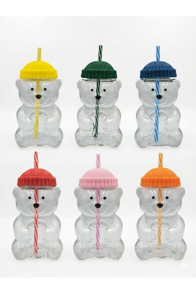 D4 DENIM Bear Shaped Borosilicate Glass Mugs with Silicon LID and PP Straw