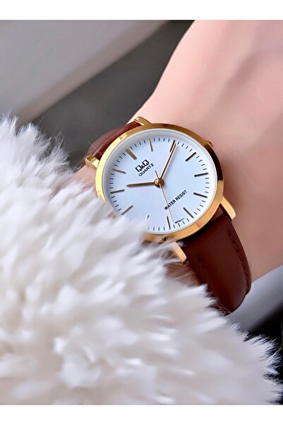 Q&Q Kadın Kahverengi Parlak Ince Kasa Zarif Kol Saati - Klasik Model, Deri Kayış