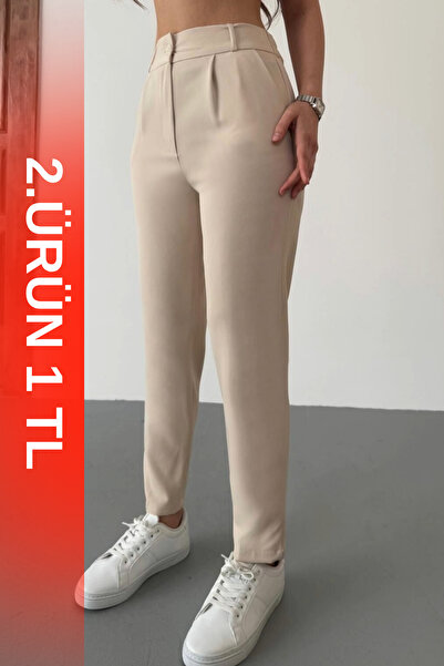 BİKELİFE Γυναικείο υφασμάτινο παντελόνι με ψηλόμεσο ελαστικό καρότο