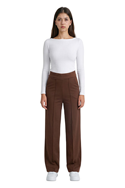MODASPARK Brown High Waist Women's Palazzo Trousers with Pockets
