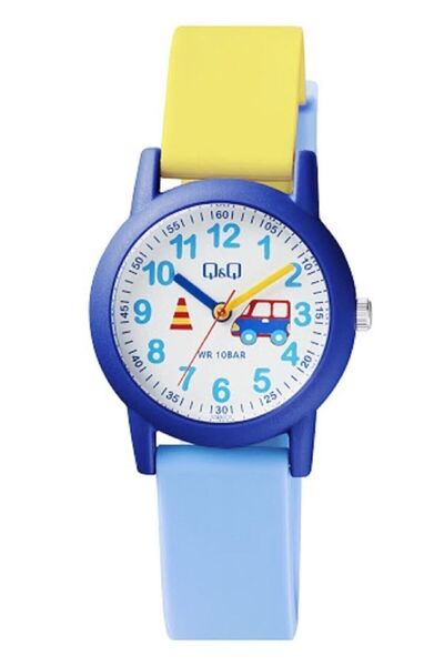 Q&Q Yellow Navy Blue Traffic Pattern Waterproof Children's Wristwatch