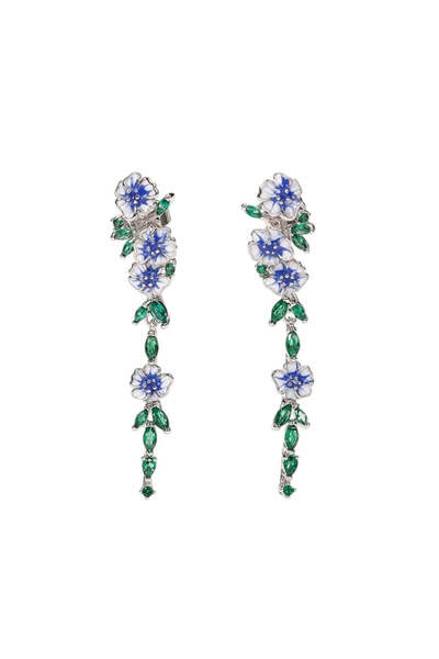 Pursehuit Long Silver Colour earrings with zirconia stones and flowers, Ador C16