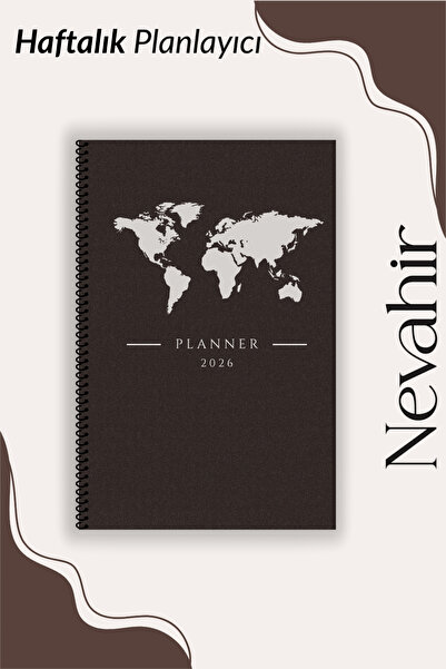 Nevahir Dünya Haritalı Haftalık Planlayıcı A5 100 gr Kalın Kağıt Helezon Orga...