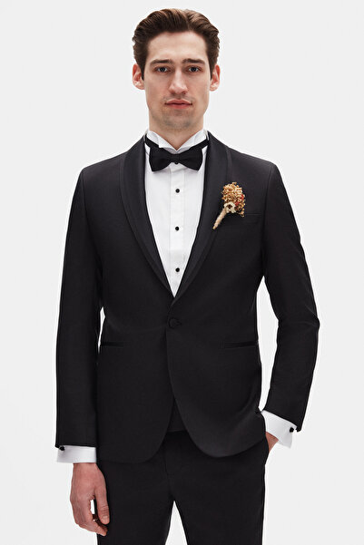 Twn Slim Fit Siyah Armürlü Smokin Takim Elbise