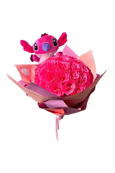 velve Buchet floral premium Stitch cu 35 trandafiri roz decorativi cu efect g...