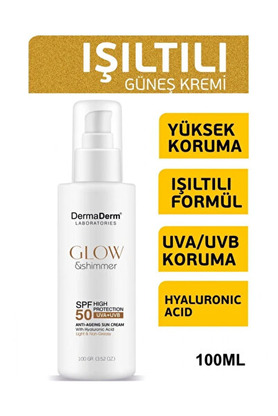 DermaDerm Glow Yüz ve Vücut İçin Işıltılı Simli Güneş Kremi Spf 50 UVA/UVB