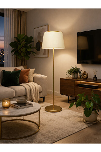 Eskitme Model Konik Beyaz Gold Detaylı Kumaş Şapkalı Lambader Dekoratif Yatak Odası Salon