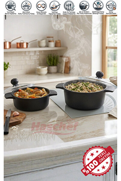 HASCHEF Kristal Döküm Titanyum Kaplama İkili Derin Tencere 20 - 24 Cm