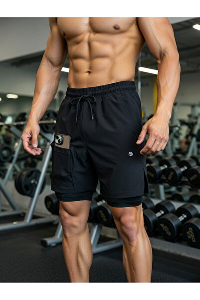 Demente 2 In 1 Şort telefon cep'li havluluk Gym Ve Fitness Astarlı Taytlı Şort