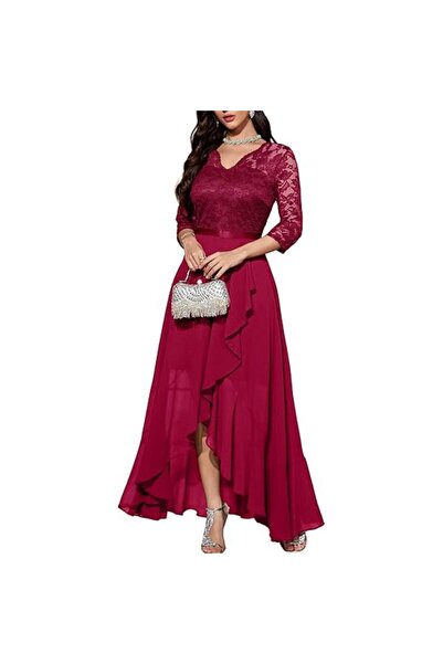 Bbonlinedress Κομψό λευκό βραδινό φόρεμα, από δαντέλα σιφόν, μακρύ, μπορντό, Μ.