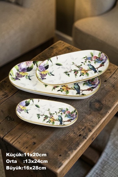 Pinkev Set of 3 Ceramic Boat Service Presentation Plates