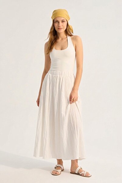 sea milano Women's White Voile Fabric Wrinkled Gathered Skirt with Elastic Wa...