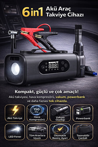 Merwish 8in1 Akü Takviye Kompresör 150 PSI Hava Pompası Powerbank Vakum LED F...
