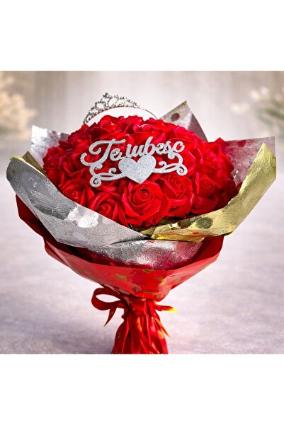 velve Buchet floral Royal Love cu 51 trandafiri de sapun, coronita decorativa...