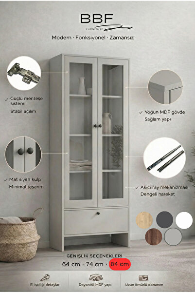 BBF Furniture 84 cm Cam Kapaklı Vitrin ve Kitaplık – 5 Raflı, Çekmeceli, Çok ...