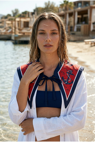 Luminos Butik Women's Navy Blue Tie-Detail Patterned Collar Shoulder Scarf Yk006