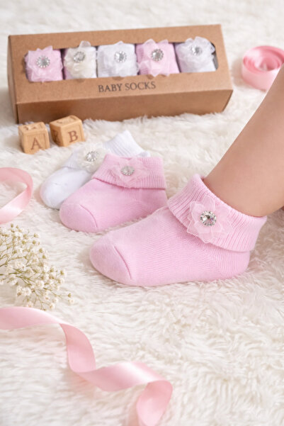 Akface 5 أزواج من جوارب الأطفال البنات المعبأة في صندوق مع إكسسوارات حجرية فا...