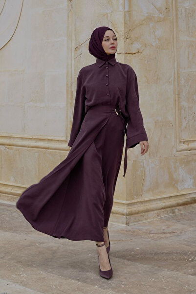 LOCCO Kadın Gold Kemer Detay Dar Kalıp Gömlekli Takım Mürdüm