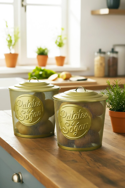 EVSTYLE METAL FİLE İKİLİ SOĞAN& PATATS SAKLAMA KOVASI - GOLD