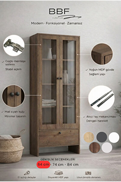 BBF Furniture 64 cm Cam Kapaklı Vitrin ve Kitaplık – 5 Raflı, Çekmeceli, Çok ...